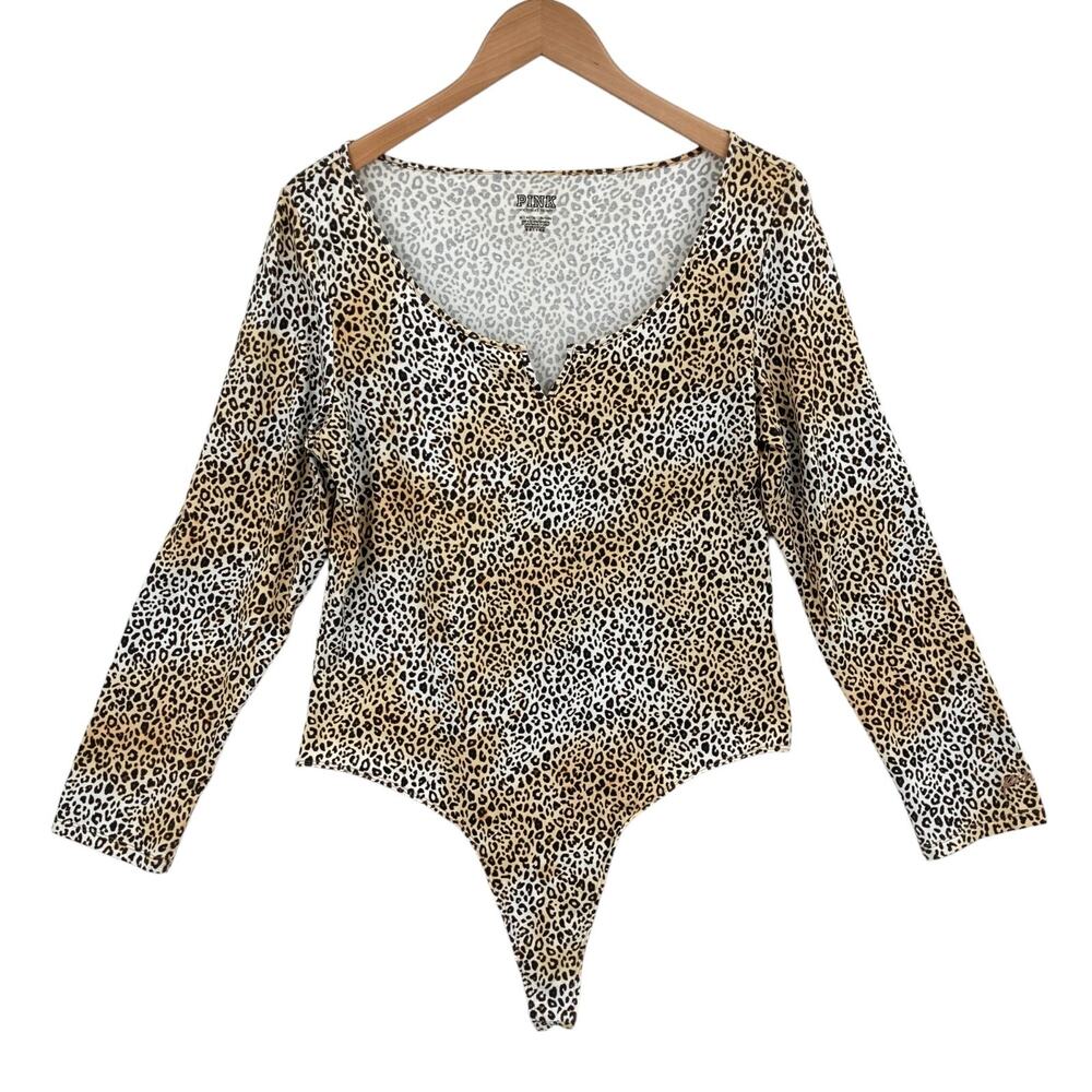Victoria's Secret Pink Bodysuit Women XL Beige Leopard Print Long Sleeve Stretch